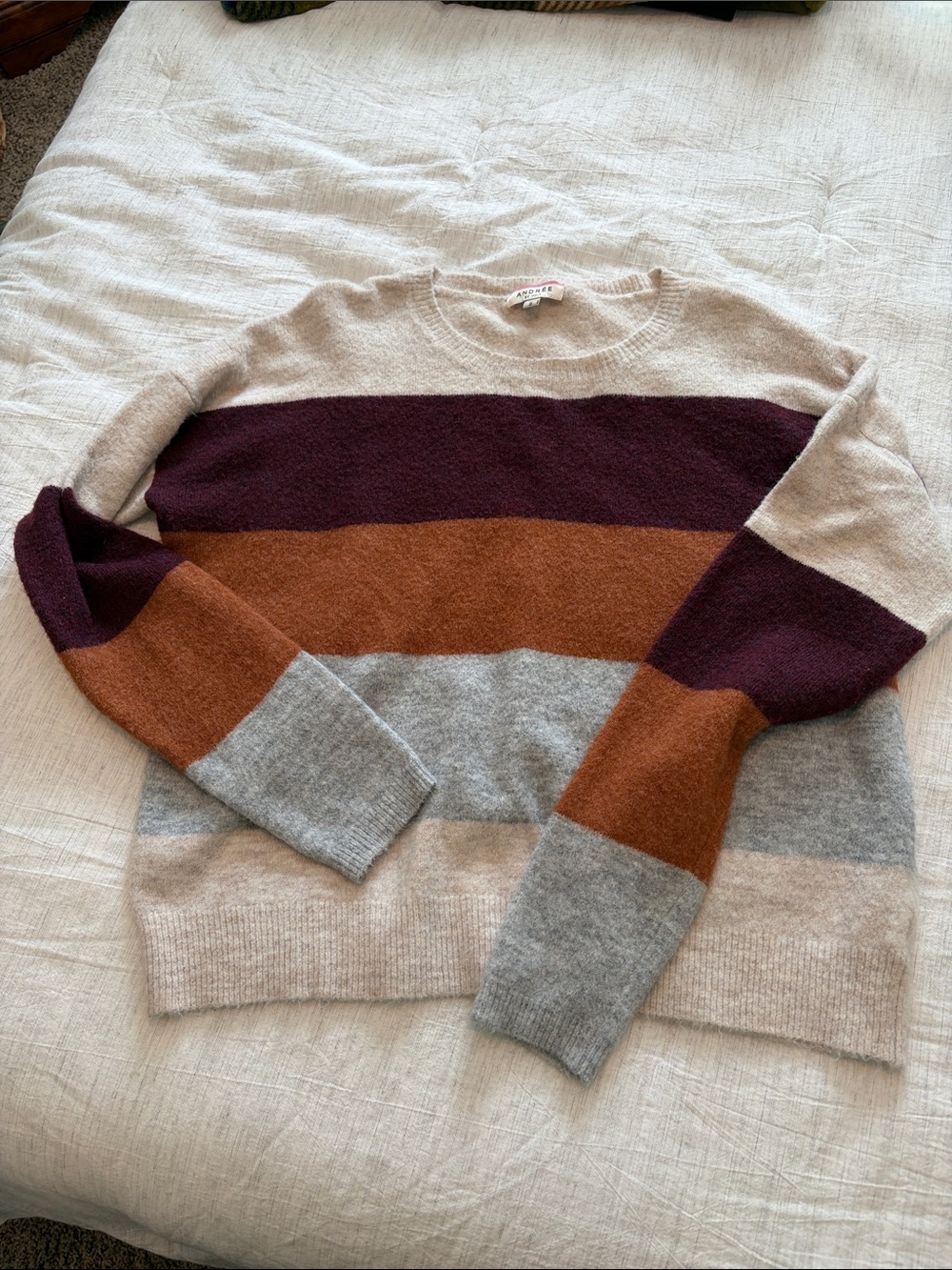 Striped Crewneck Sweater in Cream, Plum & Brown